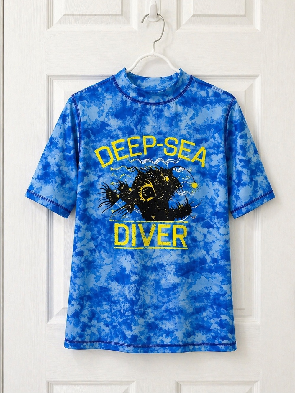 Boys Rash Guard Short Sleeve Large 12-14 Shirt Blue “Deep Sea Diver”
